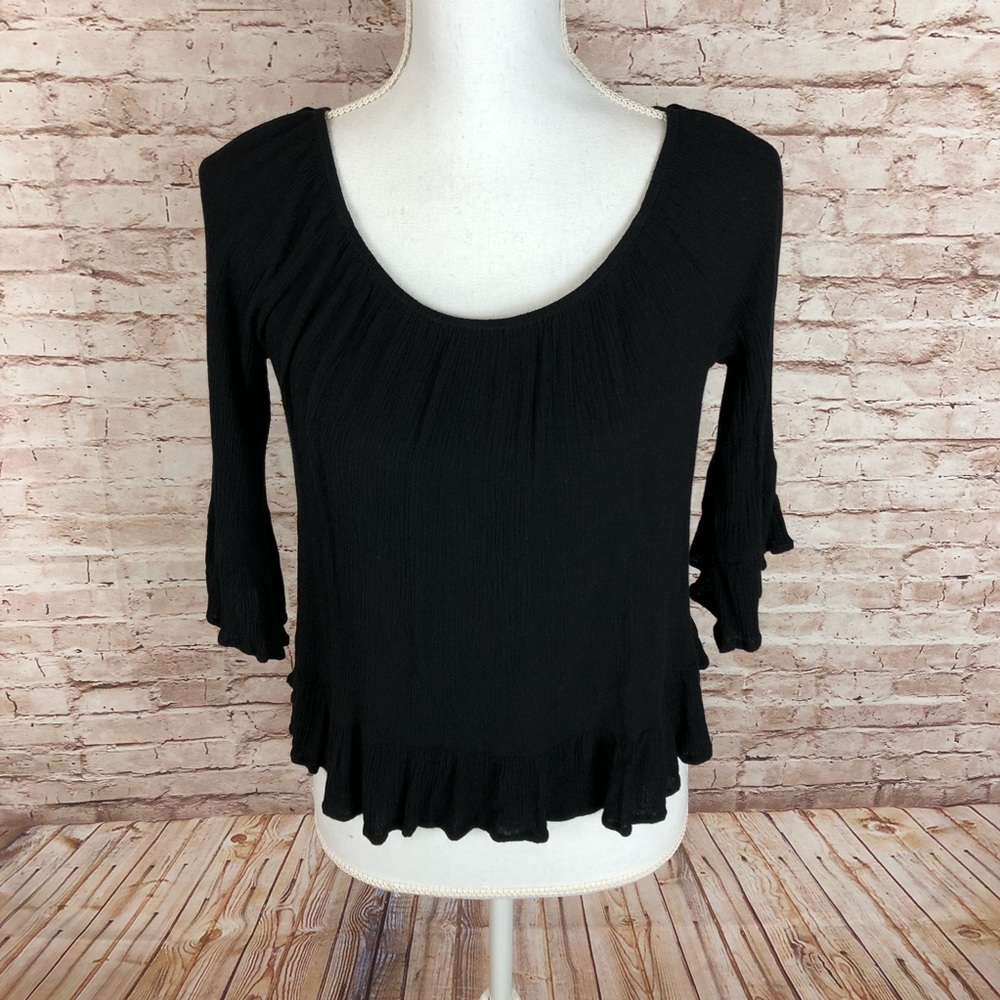 Sanctuary Black Peplum Blouse Size Medium Ruffle Bell Cuff Scoop Neck EUC